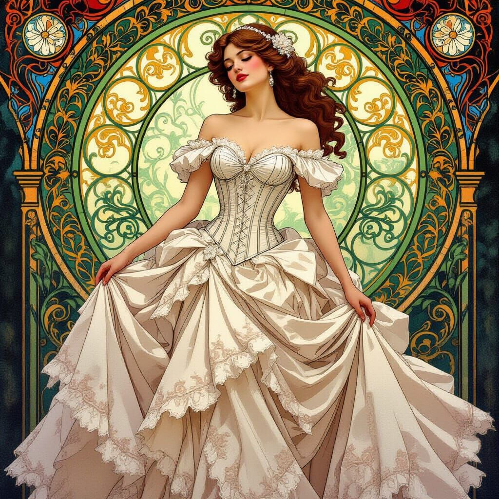 Elegant Woman in Wedding Gown, Art Nouveau Style