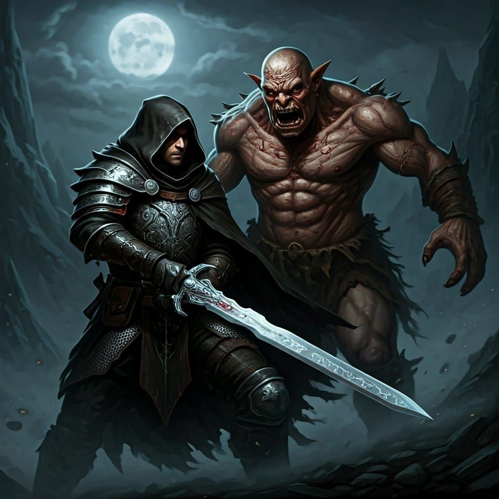 Rogue Battles Ogre with Sword in Dark Fantasy Style