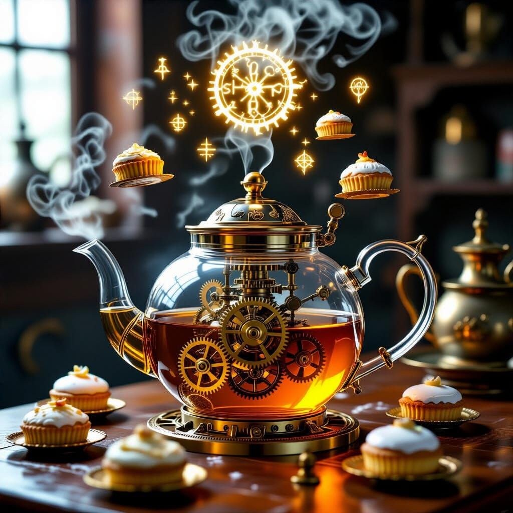 Arcane Clockwork Teapot Assembling Pastries in Vintage Style