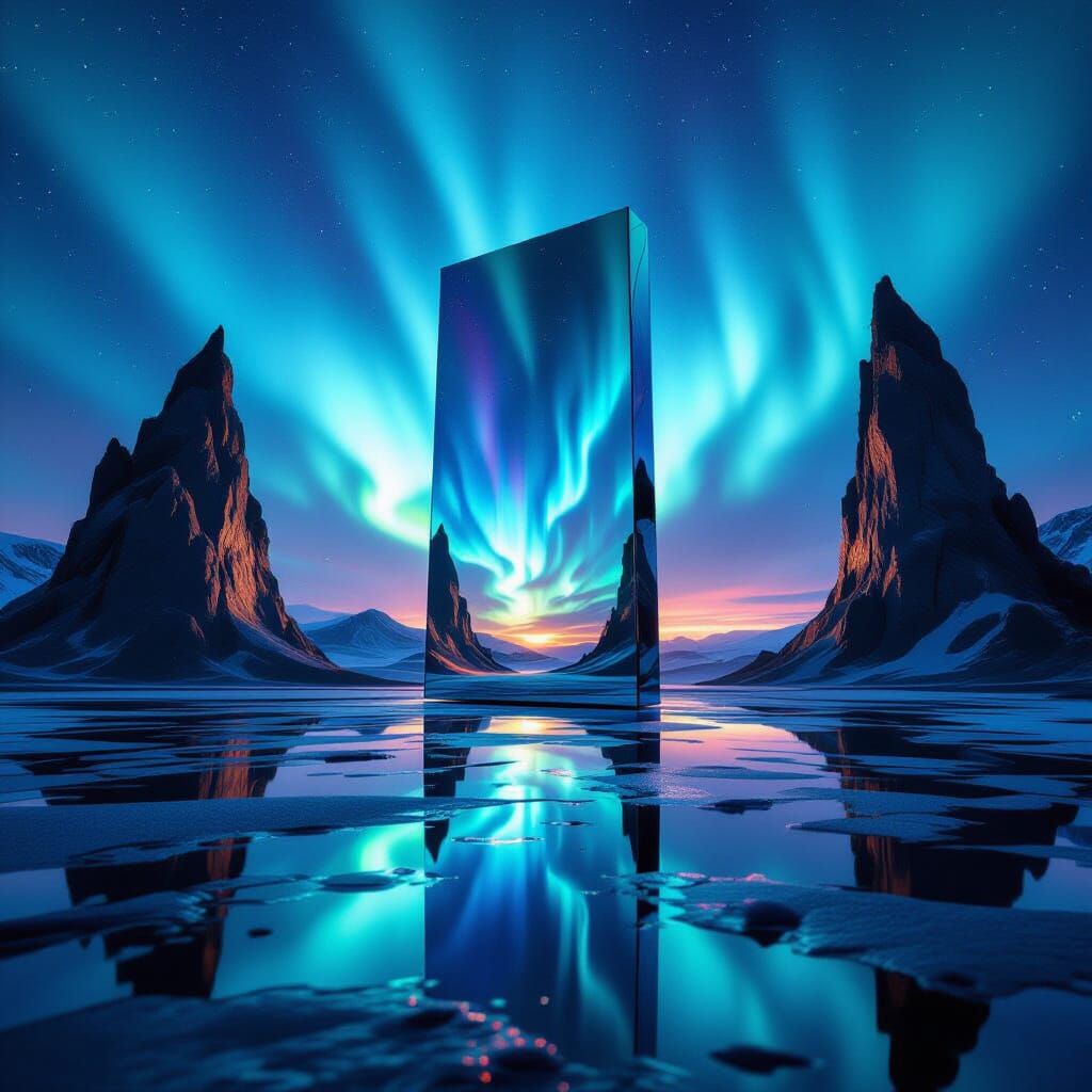 Optical Surrealism: Mirror Under Aurora Sky