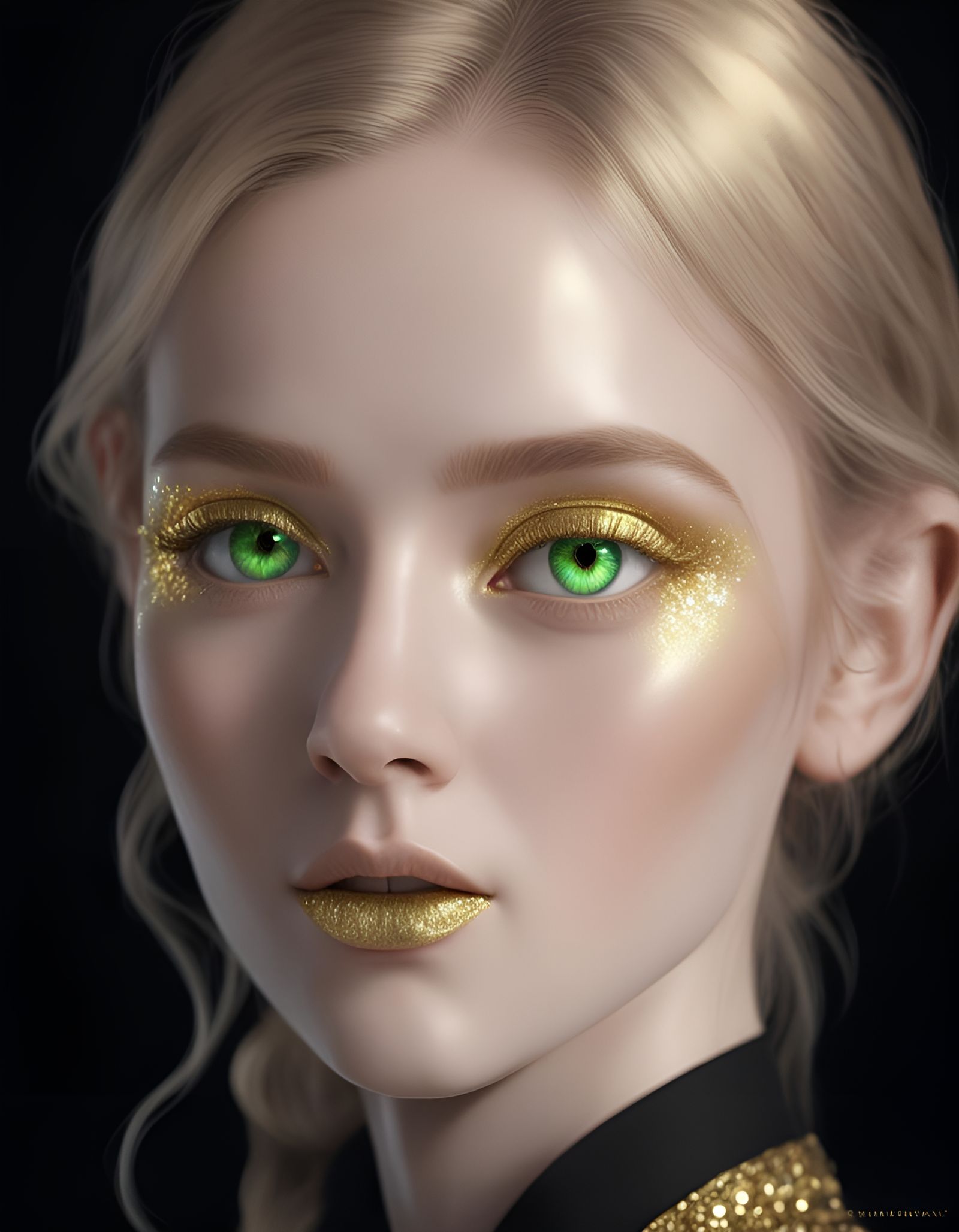 Realistic portrait of an Ethereal beauty with Golden blonde hair and green eyes with Silver mirror reflective eyeshadow ...