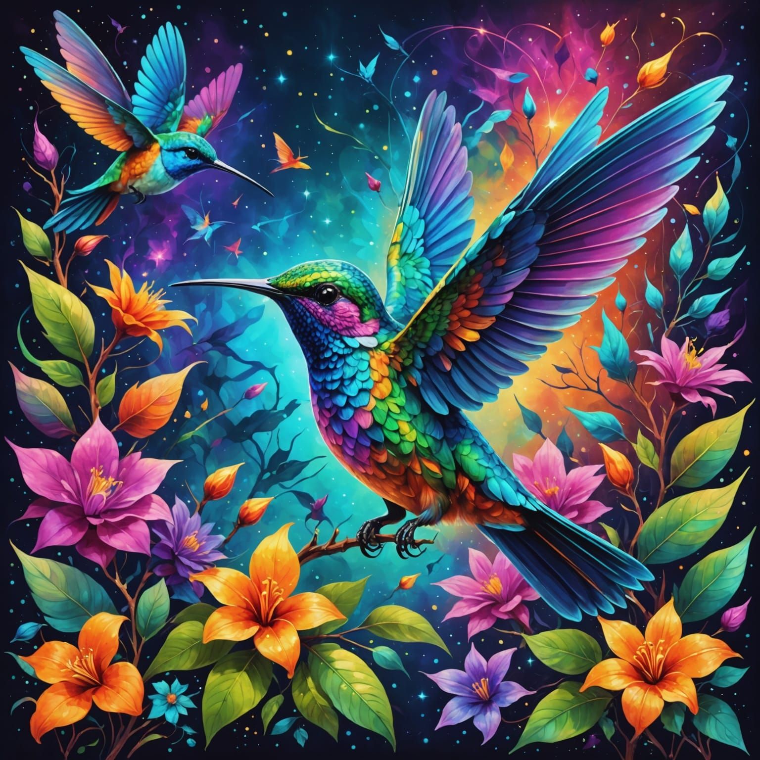 Vibrant Hummingbird Feathers in Whirling Leaves