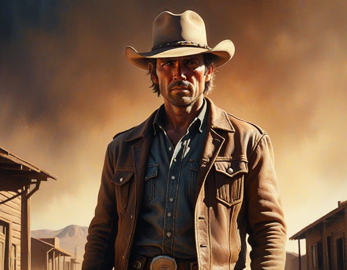 Cowboy in Dusty Street: Western Oil Painting