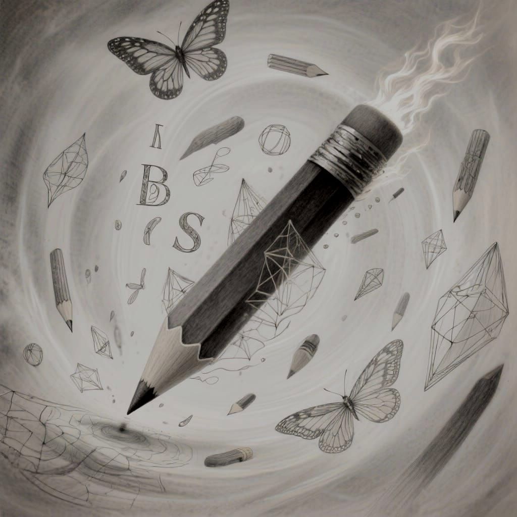 Pencil Dissolves into Ethereal Floating Sketches and Butterf...