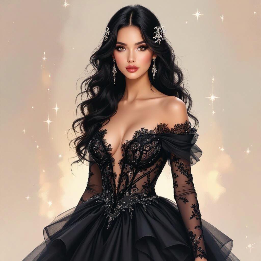 Majestic Woman in Black Lace Dress, Ethereal Style