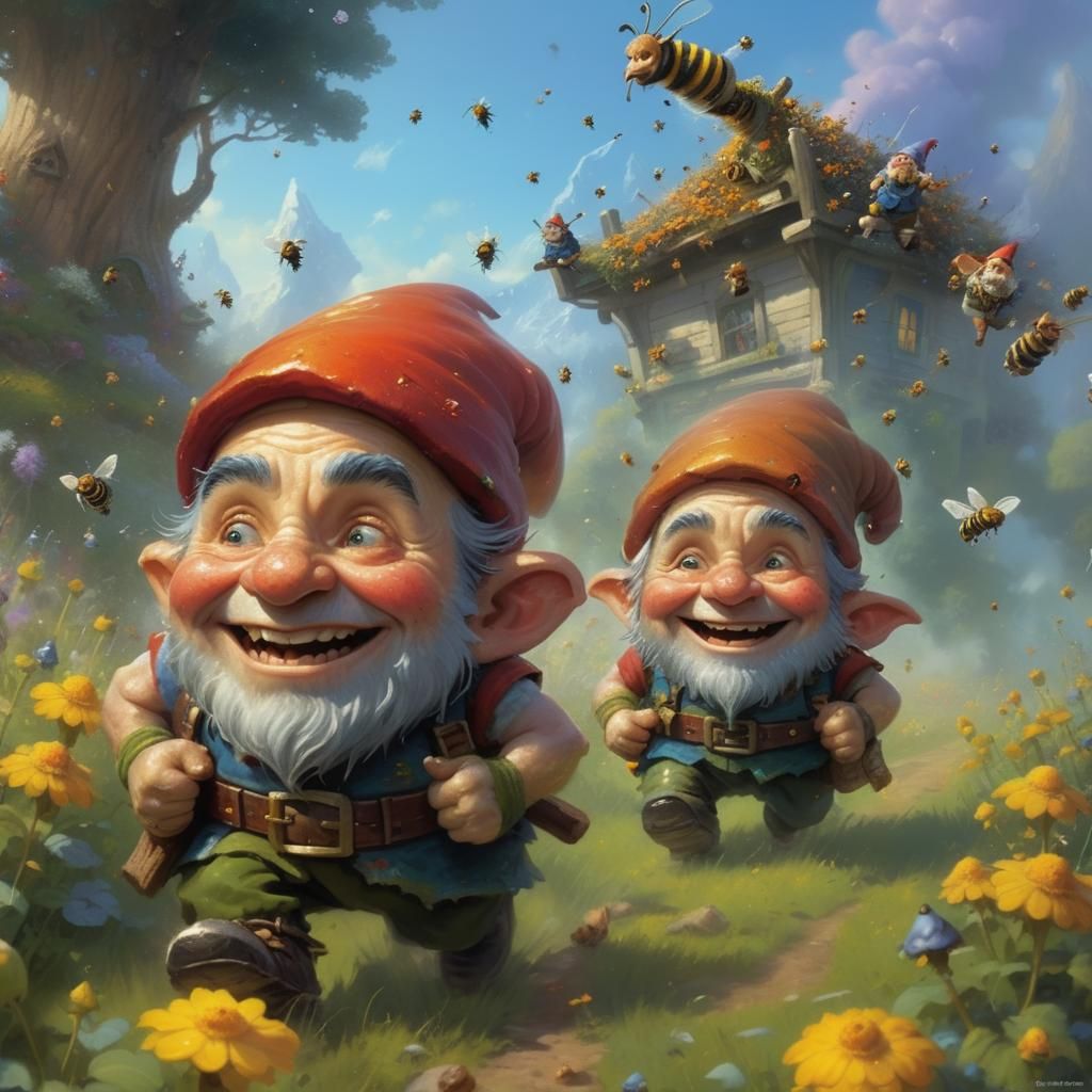 Gnomes Laughing as Orc Flees Bees, Kinkade Style