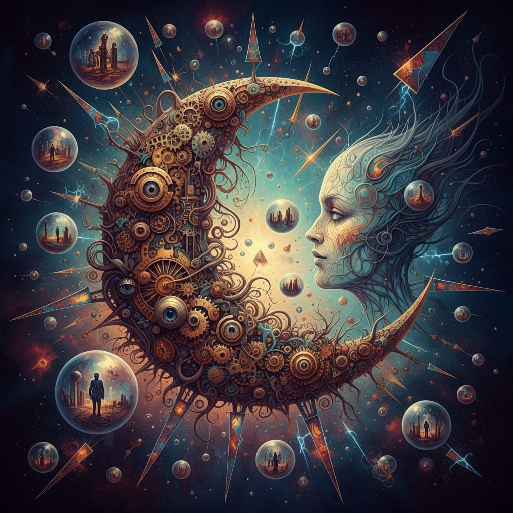 Celestial Dreamscape: Moon, Orbs, and Triangles in Painterly...