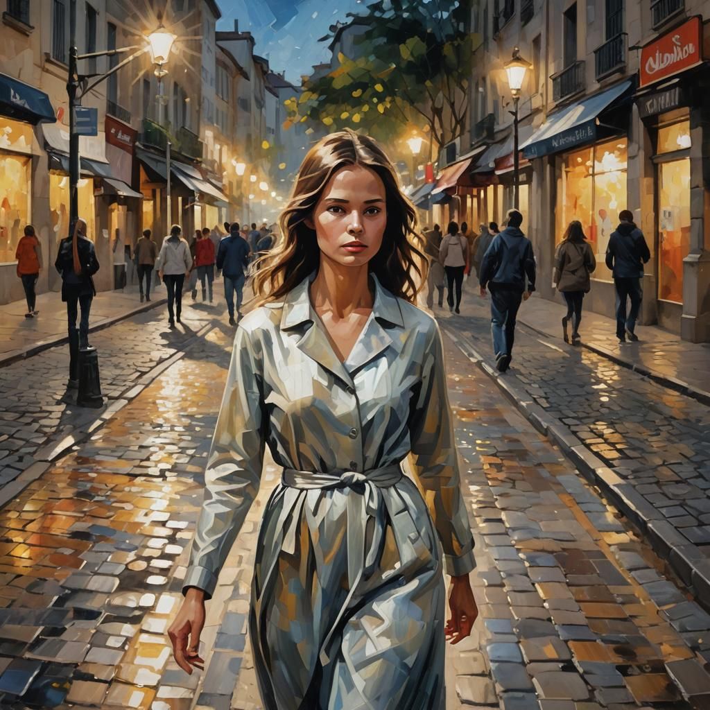 Luminous Figure in Misty City Street, Impressionistic Style