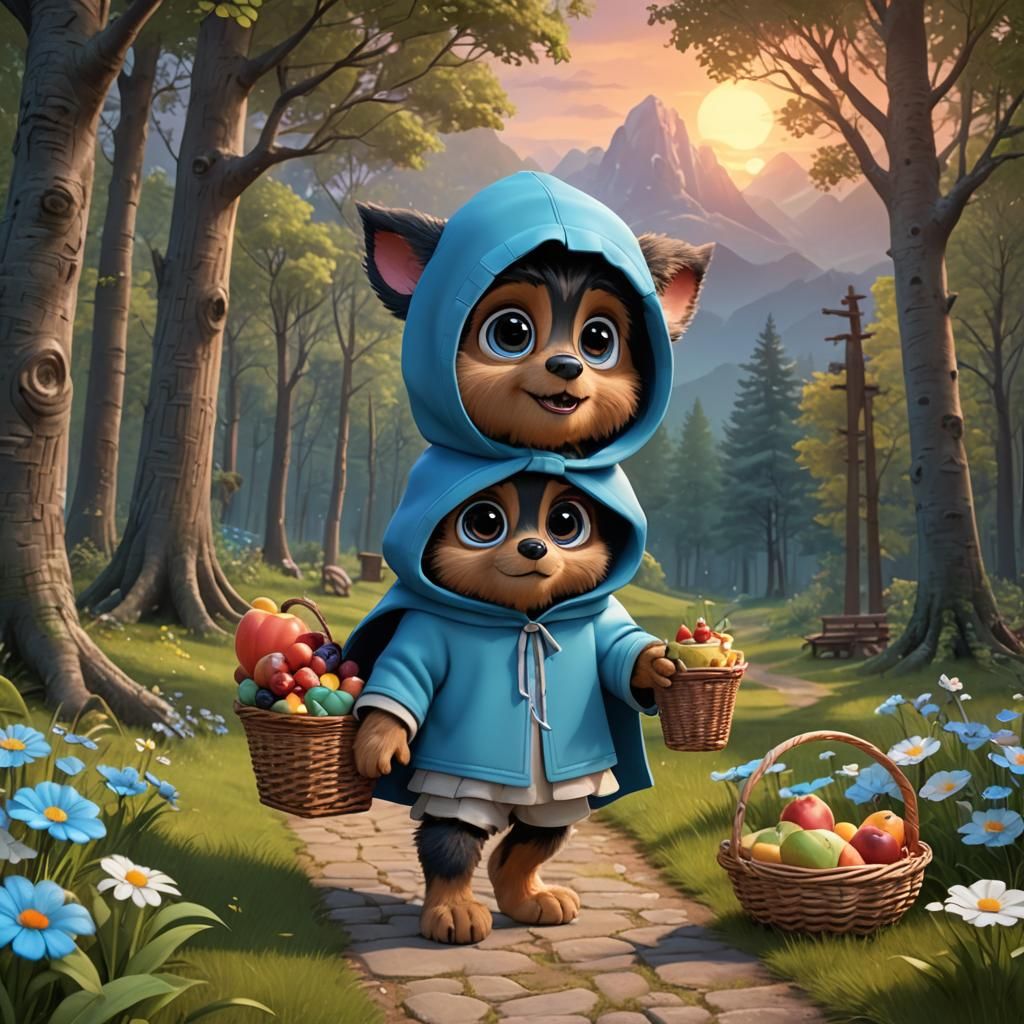 Cute Chibi Monster Walking to Cabin at Sunset