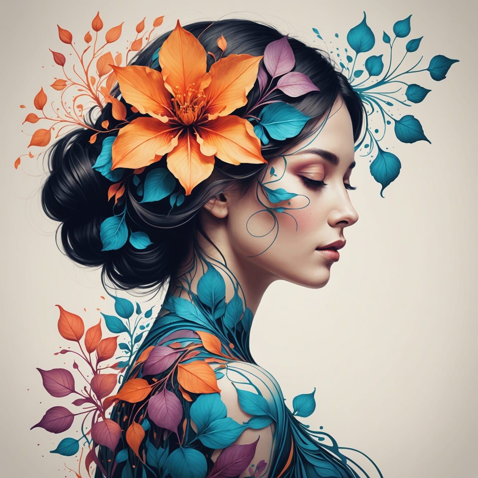 Harmonious Double Exposure: Woman and Blooming Flower