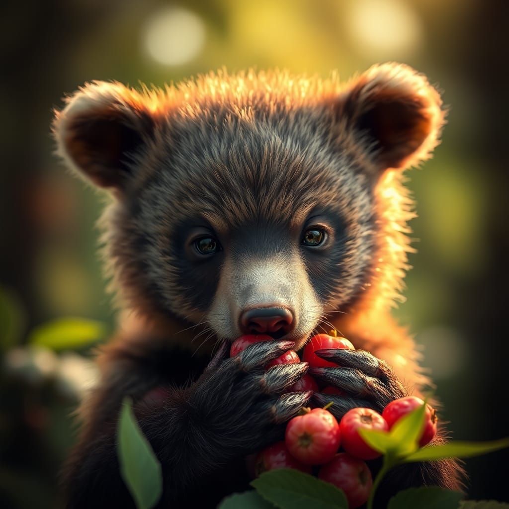 Bear Cub Portrait with Berries in Art Nouveau Style