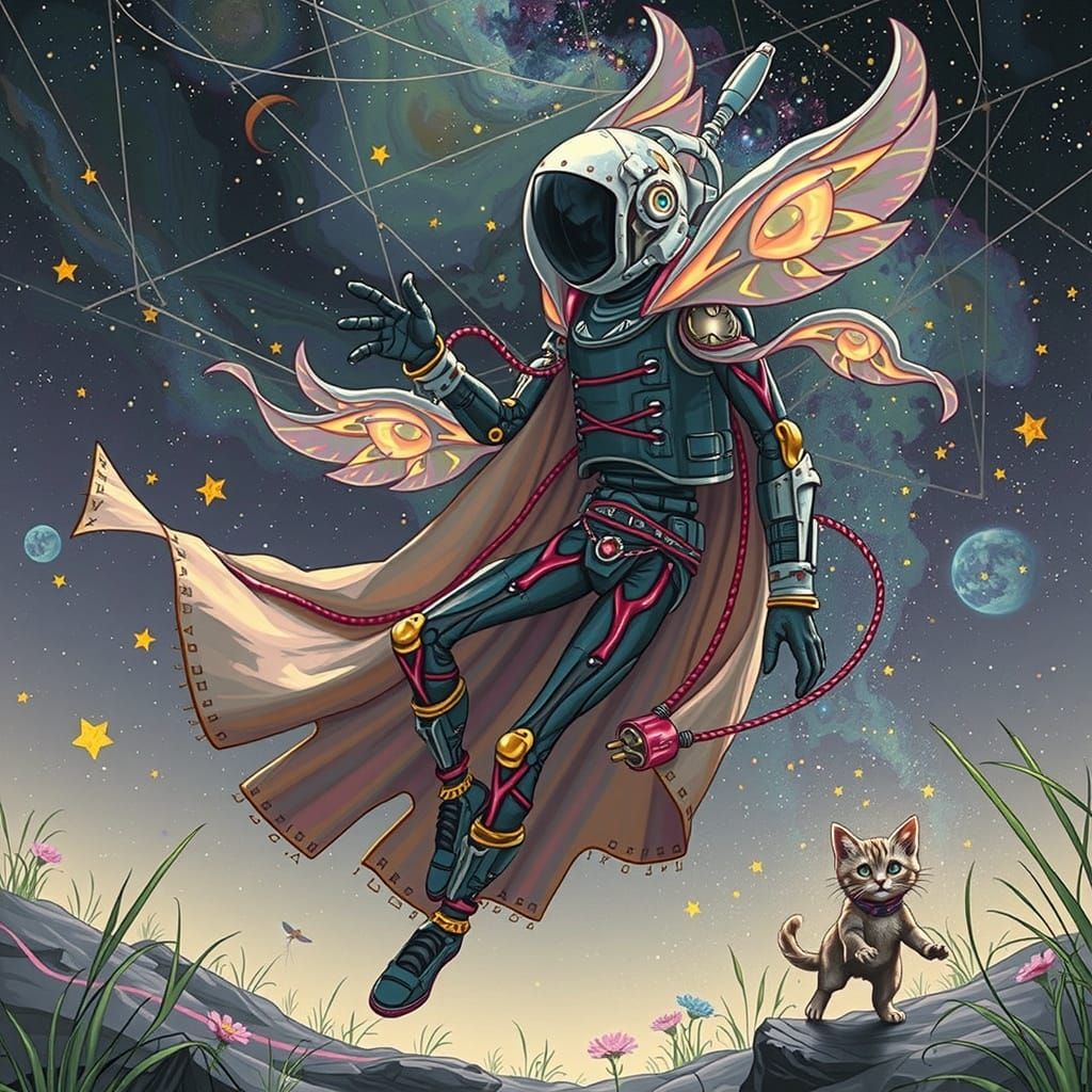 Robot and Kitty in Celestial Summer Landscape