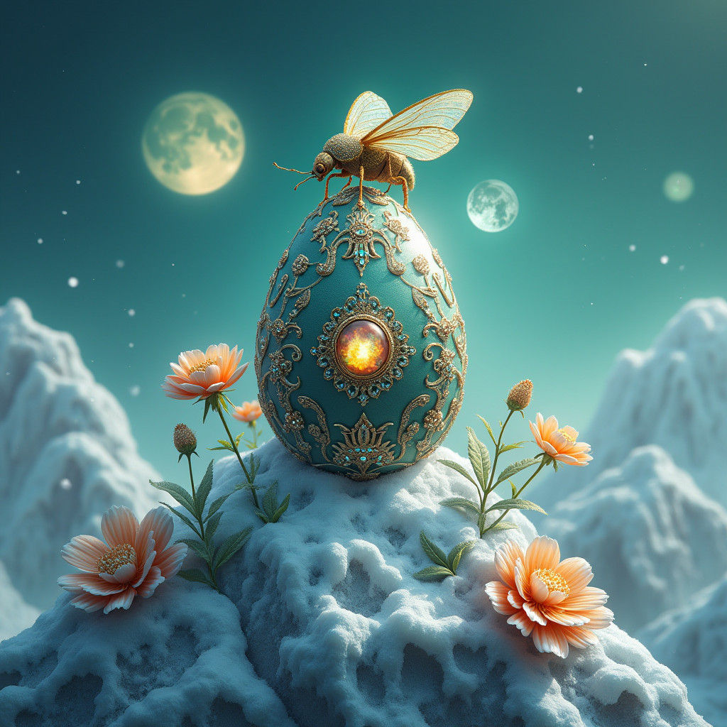 Faberge Egg and Golden Beetle on Snowy Mountain