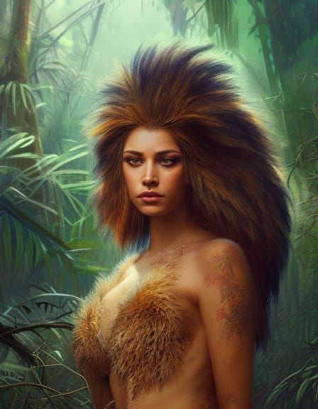 Lion Woman in Jungle: Art Nouveau Portrait
