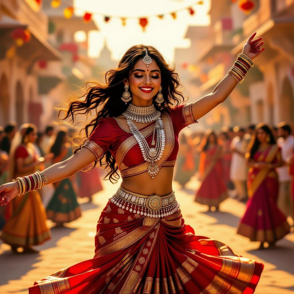 Woman Performing Garba Dance with Silver Jewelry