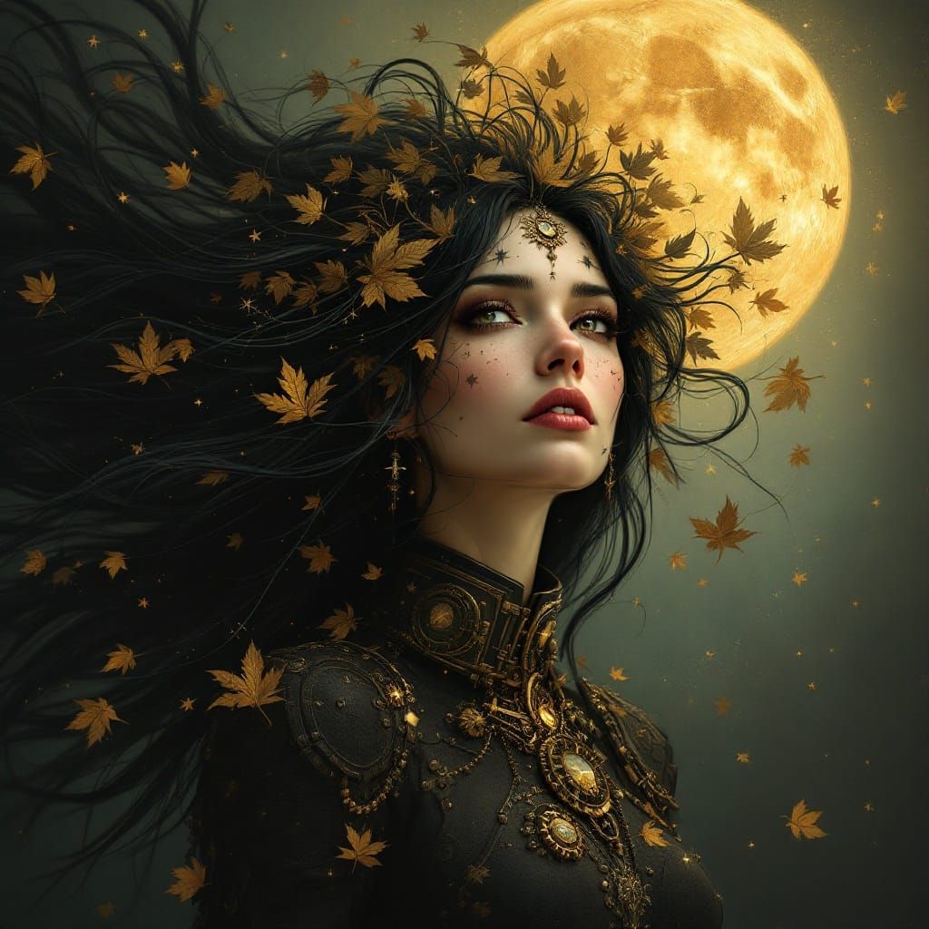 Celestial Steampunk Siren with Autumn Leaves
