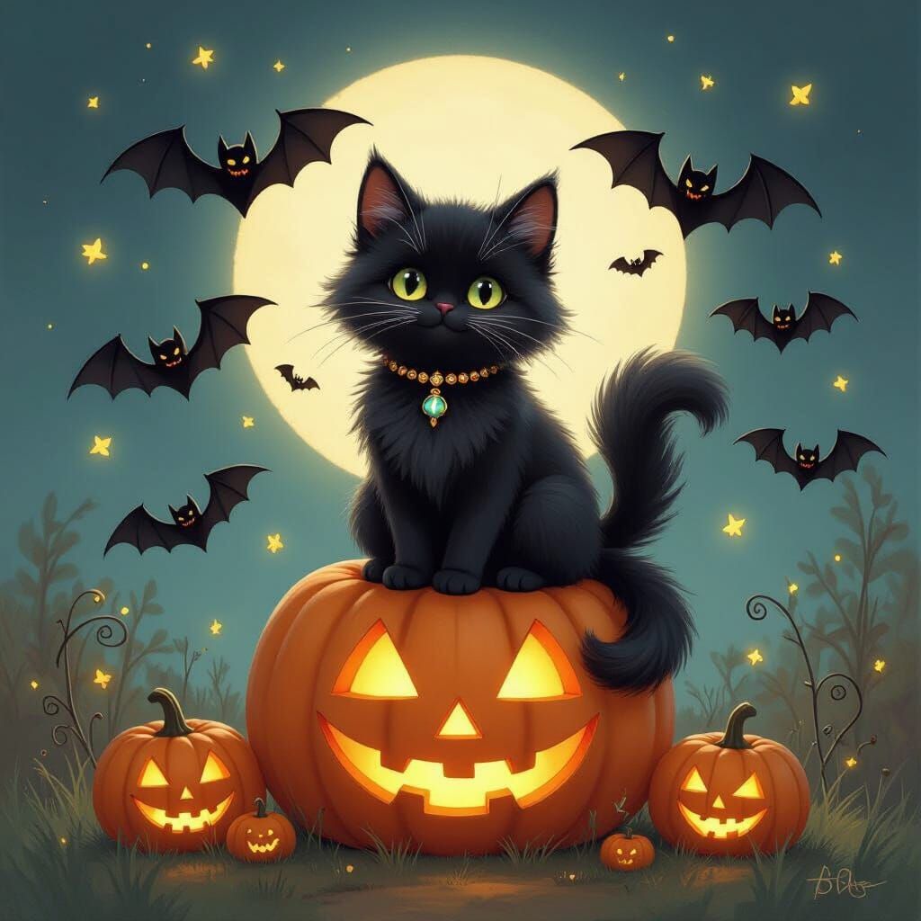 Whimsical Cat on Jack-o'-Lantern with Bats