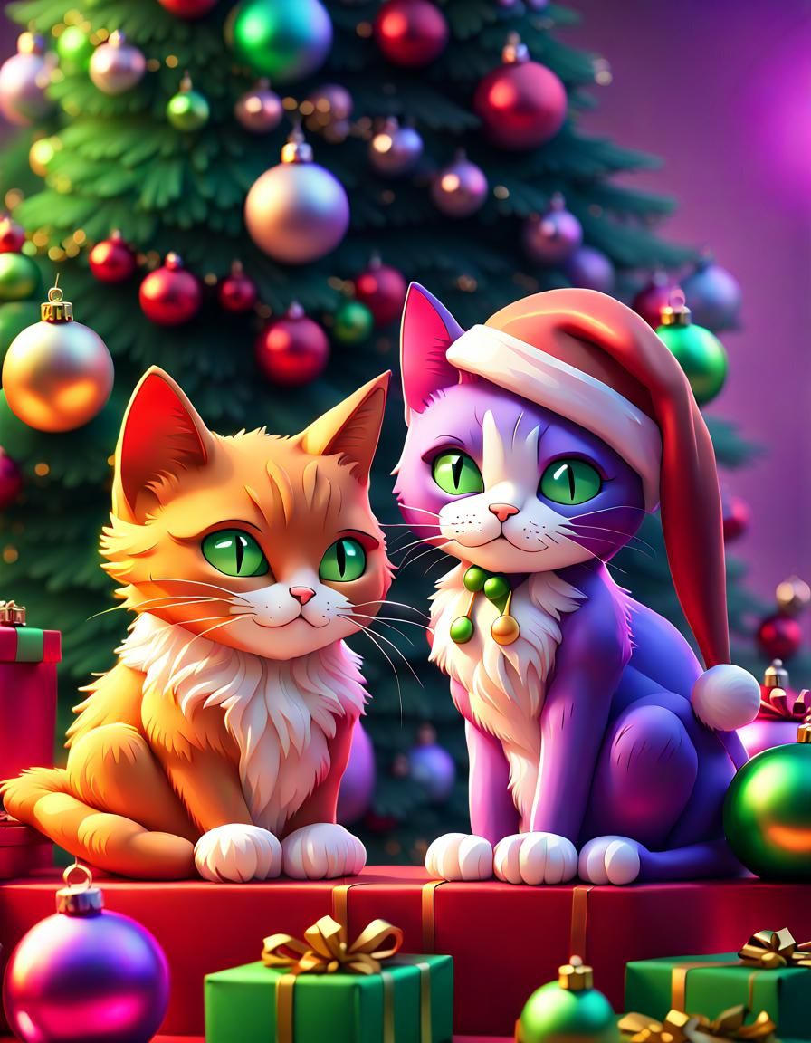 Festive Cartoon Cats in Christmas Scene