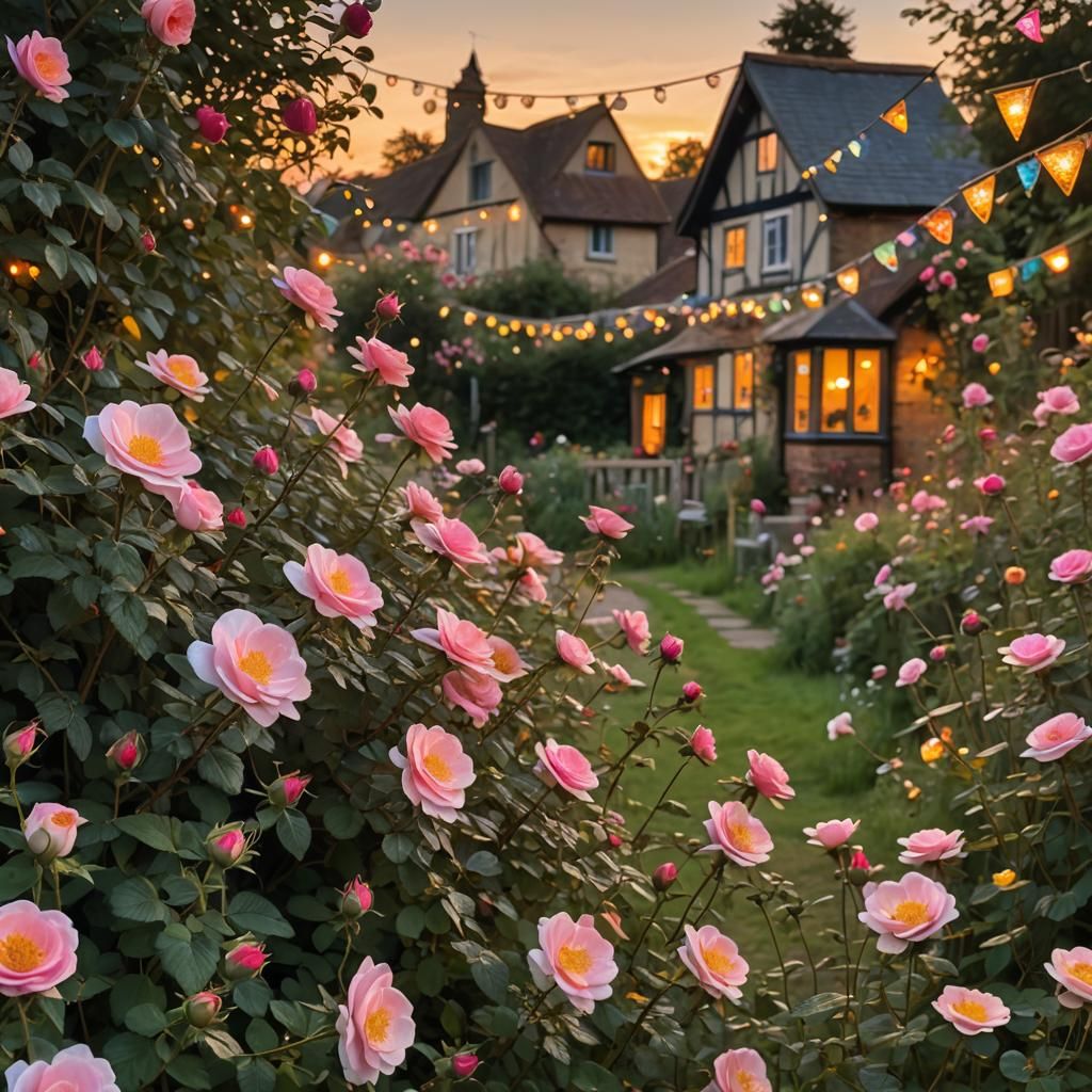 Magical Wild Roses at Sunset in Stained Glass Style