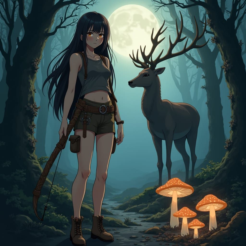Anime Goddess Stands Tall in Mystical Forest Under Moonlight