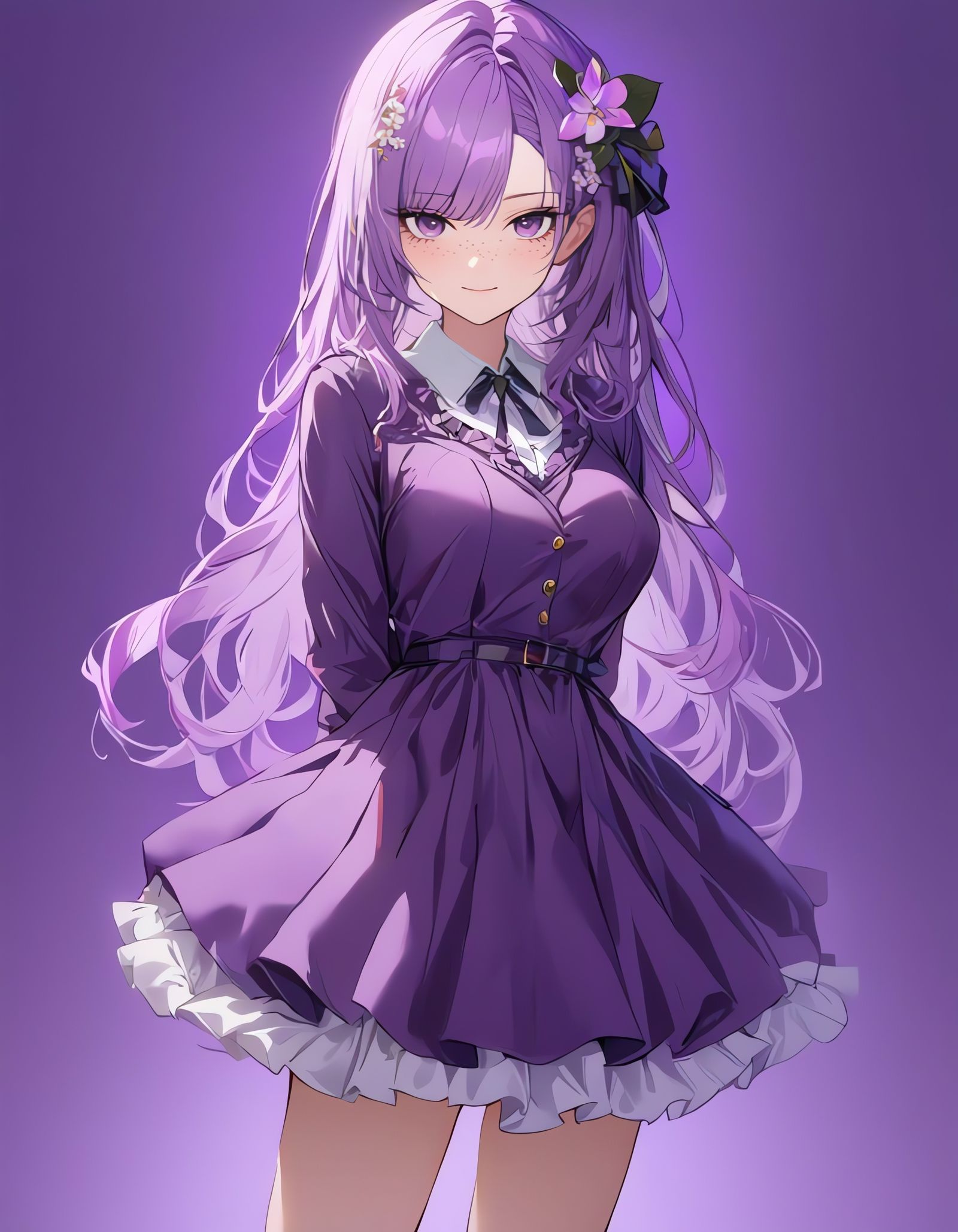 Elegant Purple Maiden Stands Alone in a Lavish Setting
