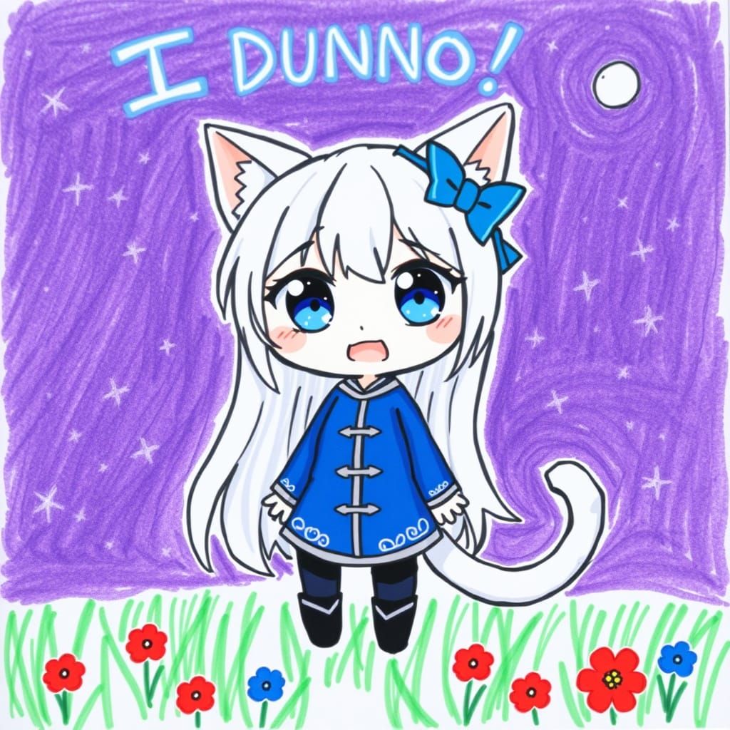 Confused Anime Catgirl Crayon Drawing