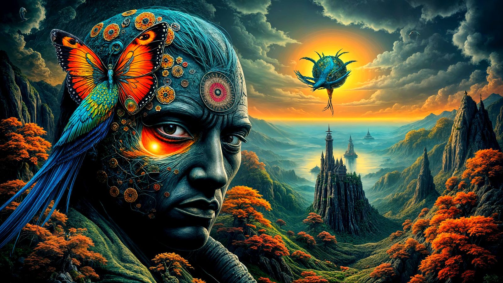 Surreal Dreamscape: Figure Blending Human and Animal Feature...