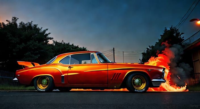 Dramatic Hot Rod Inferno in Hyper-Realistic Comic Book Style