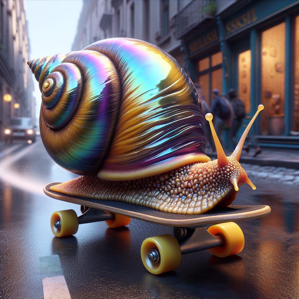 Adventurous Snail on Skateboard in Fantasy Style
