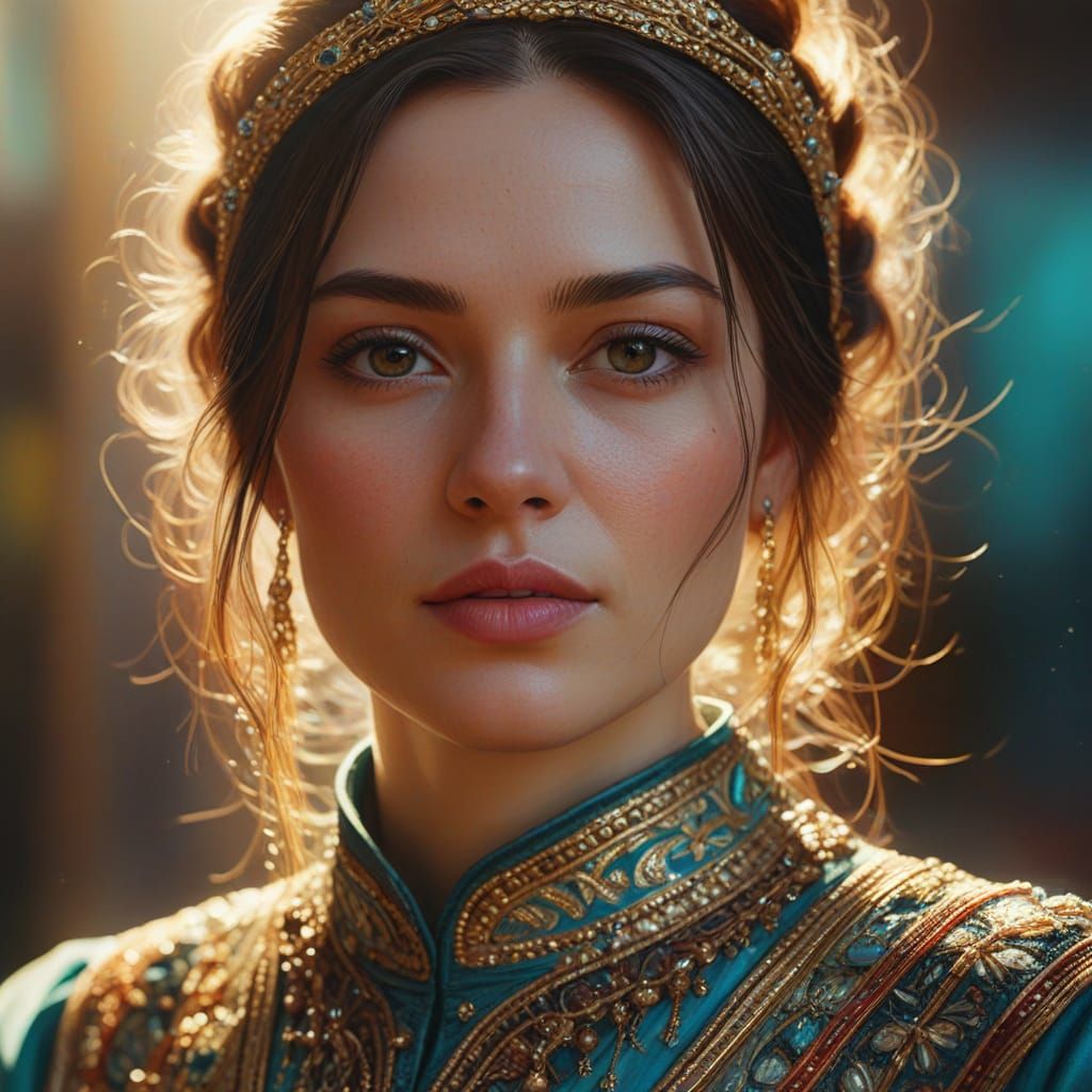 Hyperrealistic Oil Painting of Woman in Intricate Clothing