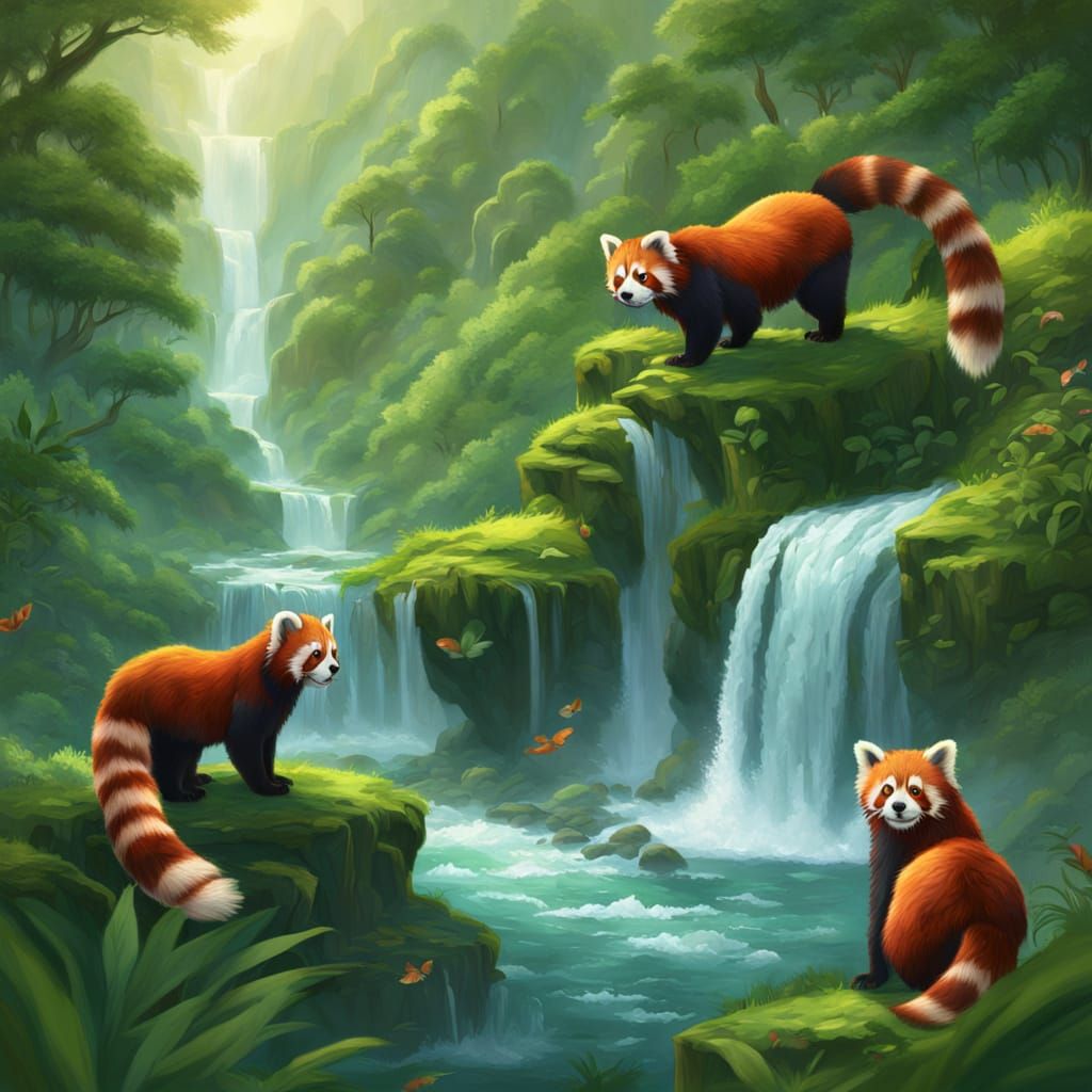 Red Pandas Play by Waterfalls in Lush Fantasy Valley