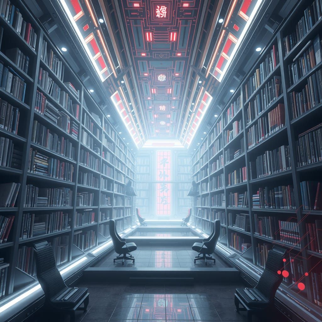 Futuristic Anime Library in Neon-Lit Metropolis