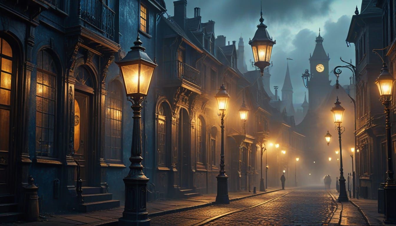 Steampunk Street Scene with Woman and Street Lamps