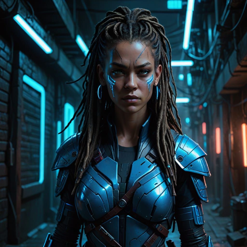 Female android Huntress with dreadlocks armed with katana