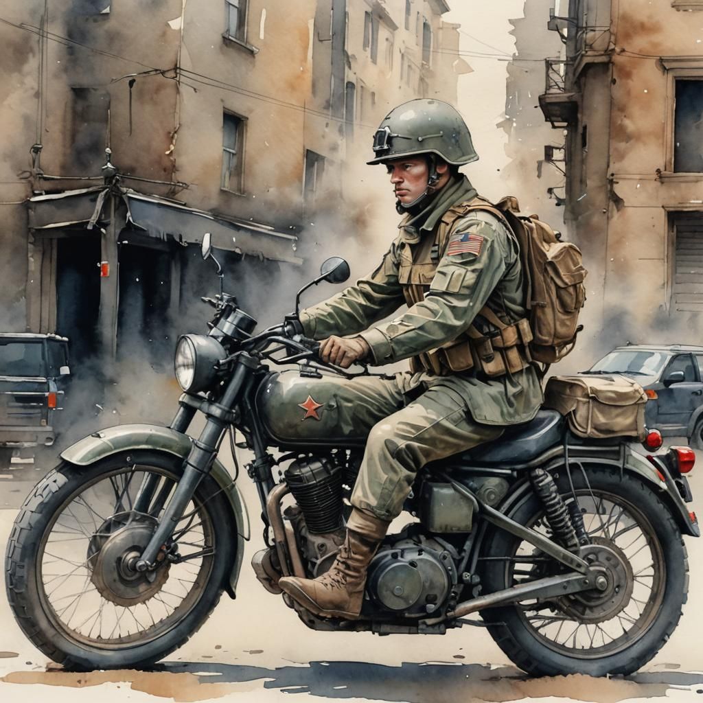 Soldier on Military Bike: Hand-Drawn Watercolor Art
