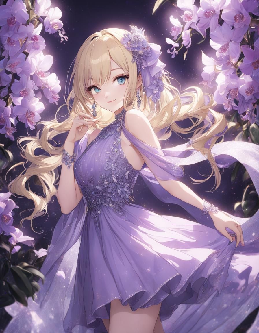 Anime Girl with Blonde Hair and Orchid Dress