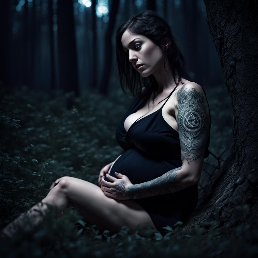 Mystical Pregnant Woman in Gothic Forest Scene