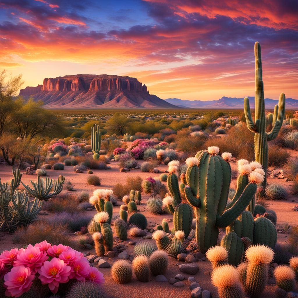 Desert Vista Sunset with Flowers and Cacti