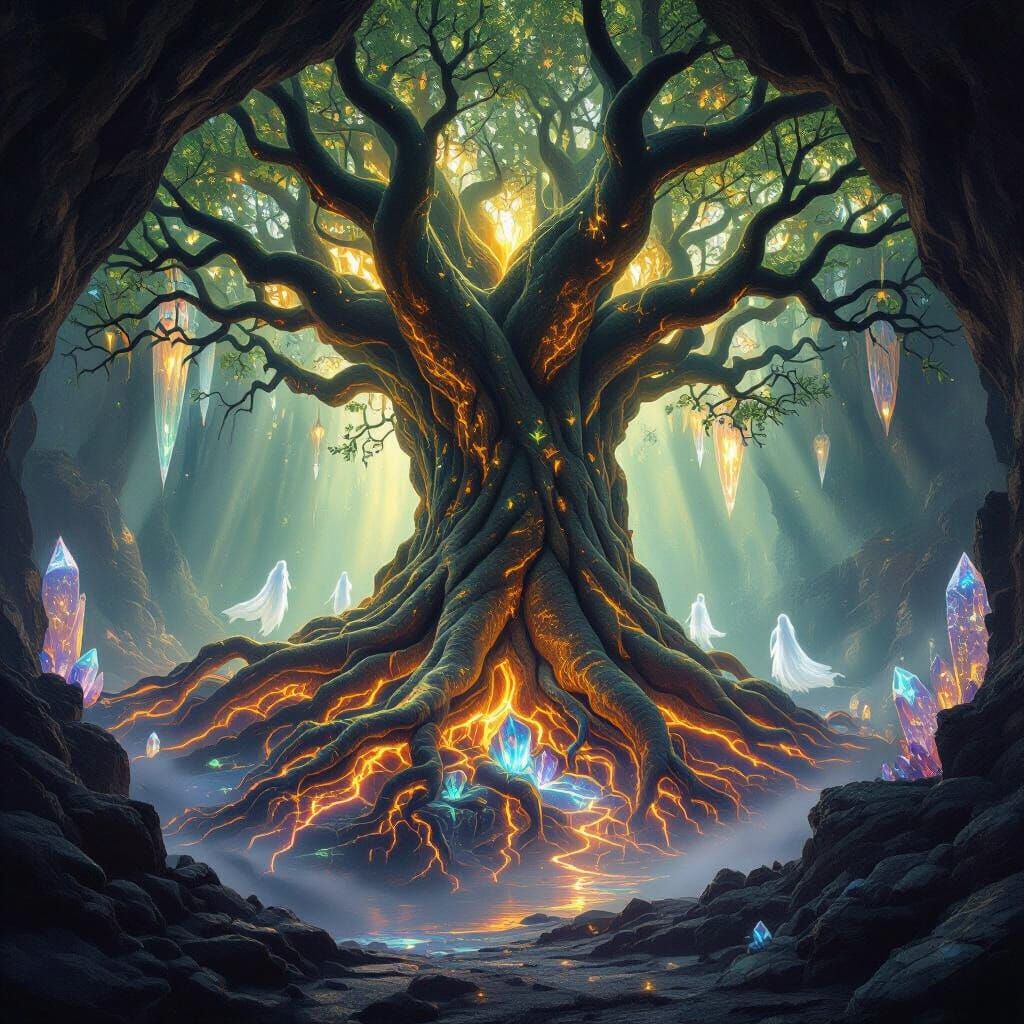Ancient Bioluminescent Tree in Crystal Cavern