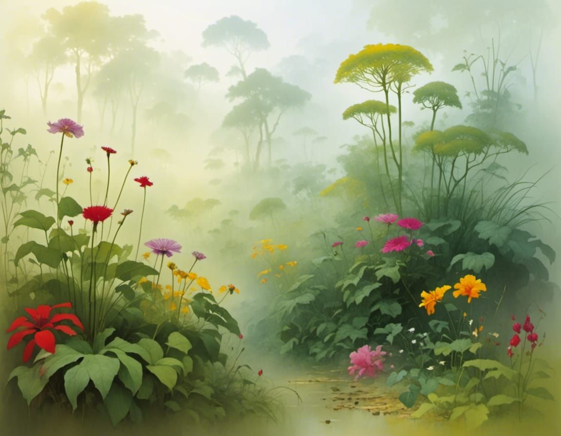 Mystical Rainforest Illustration with Colorful Flora
