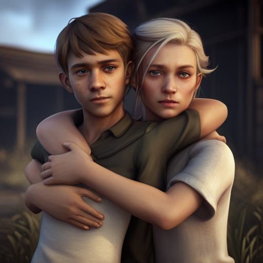 Boy and Girl Hugging: Detailed Fantasy Concept Art