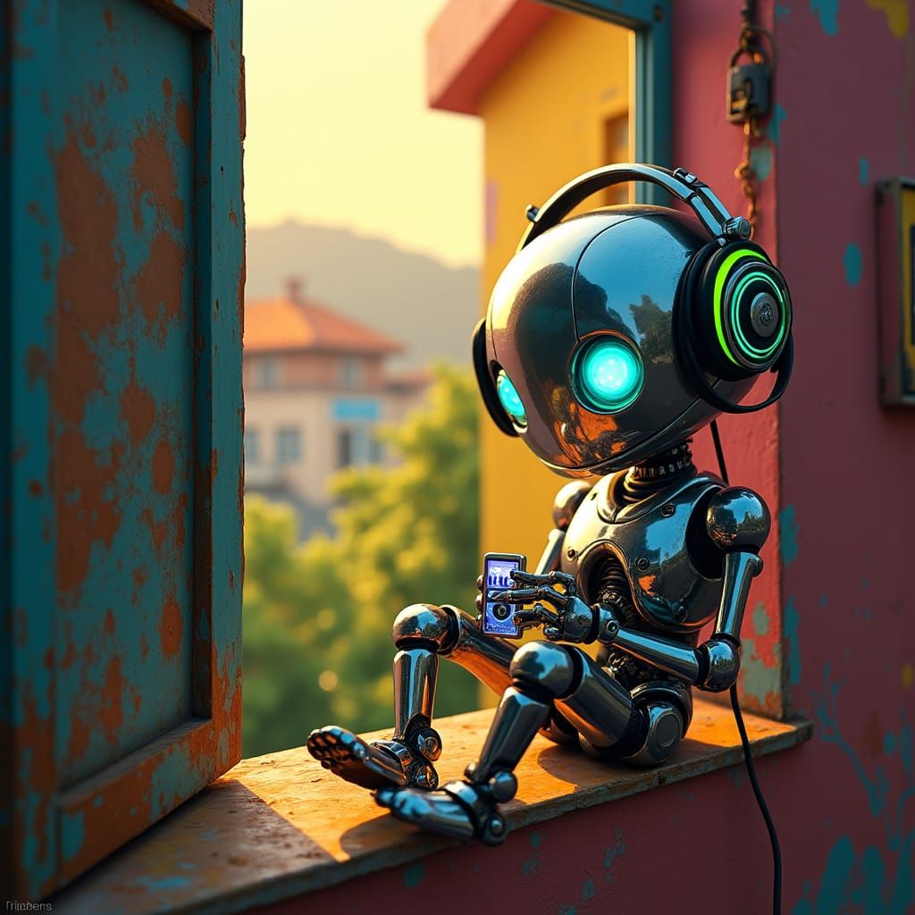 Robot in Favela Listening to Music in Anime Style