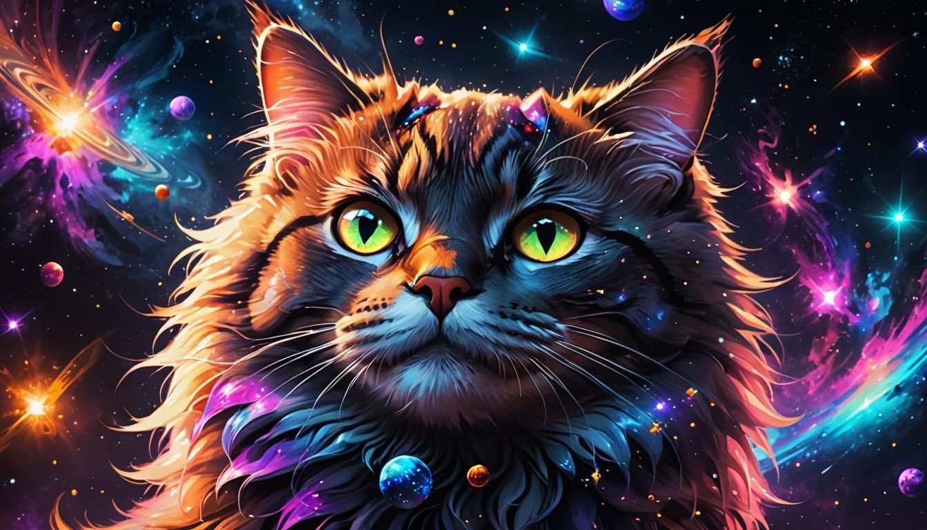 Neon Galaxy Cat Floating in Space: Digital Art