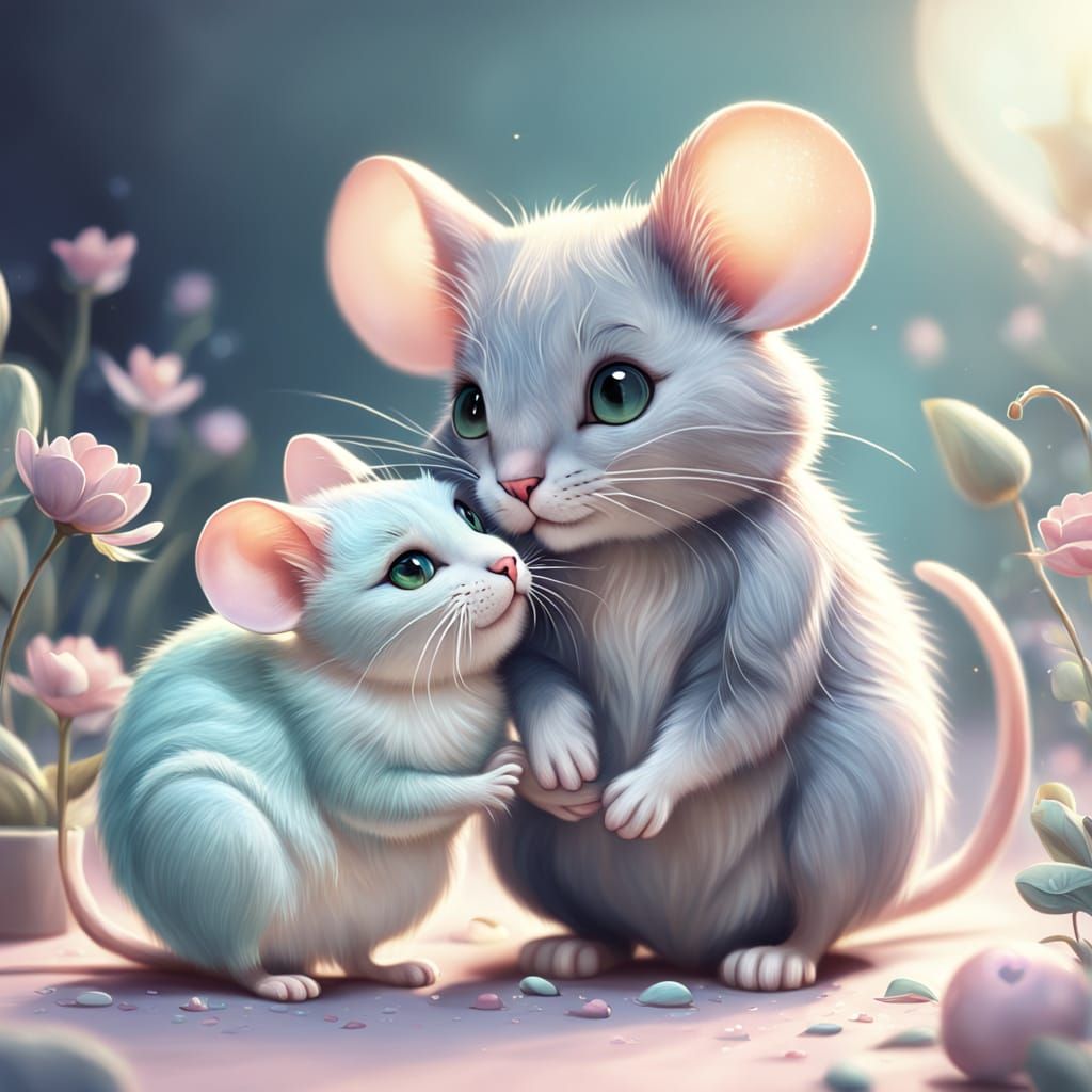 Whimsical Cat and Mouse in Love, Fantasy Illustration
