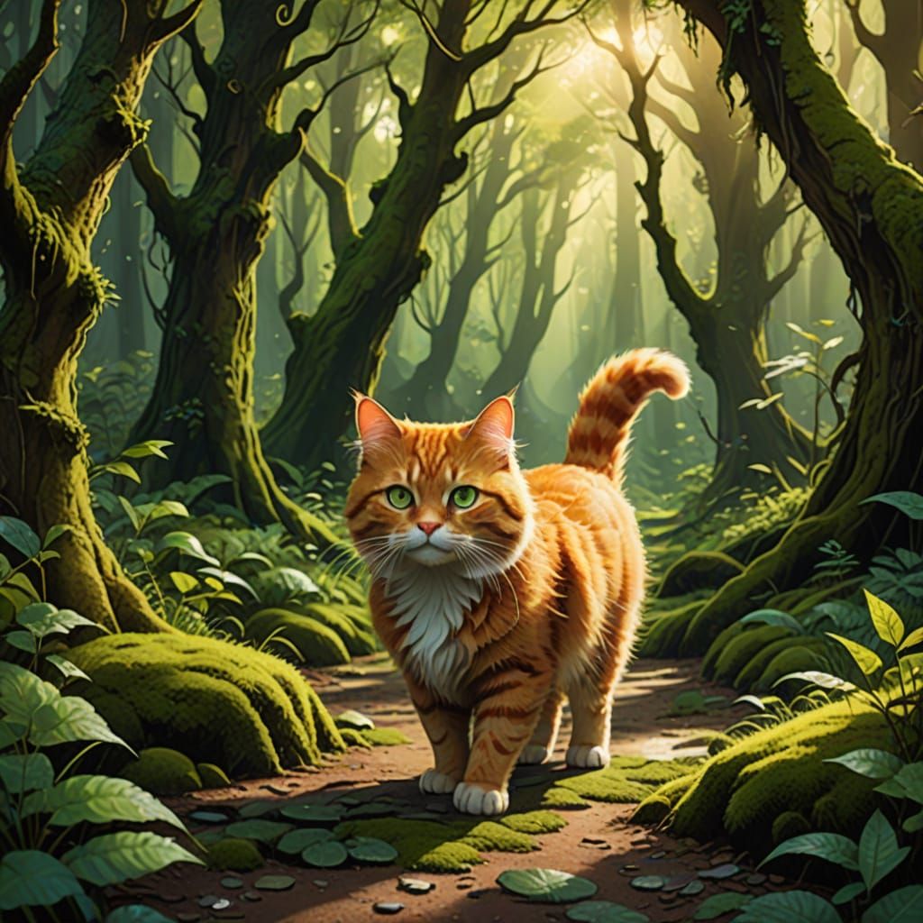 Cute Cat Explores Mystical Forest in Digital Painting Style