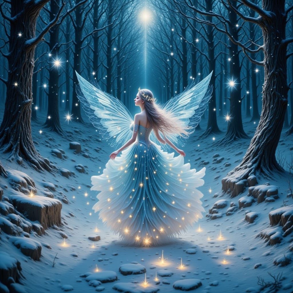 a fairy woman skips down a nature path during winter