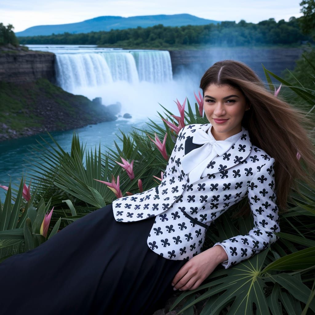Young Woman Contemplates Niagara Falls in Elegant Suit