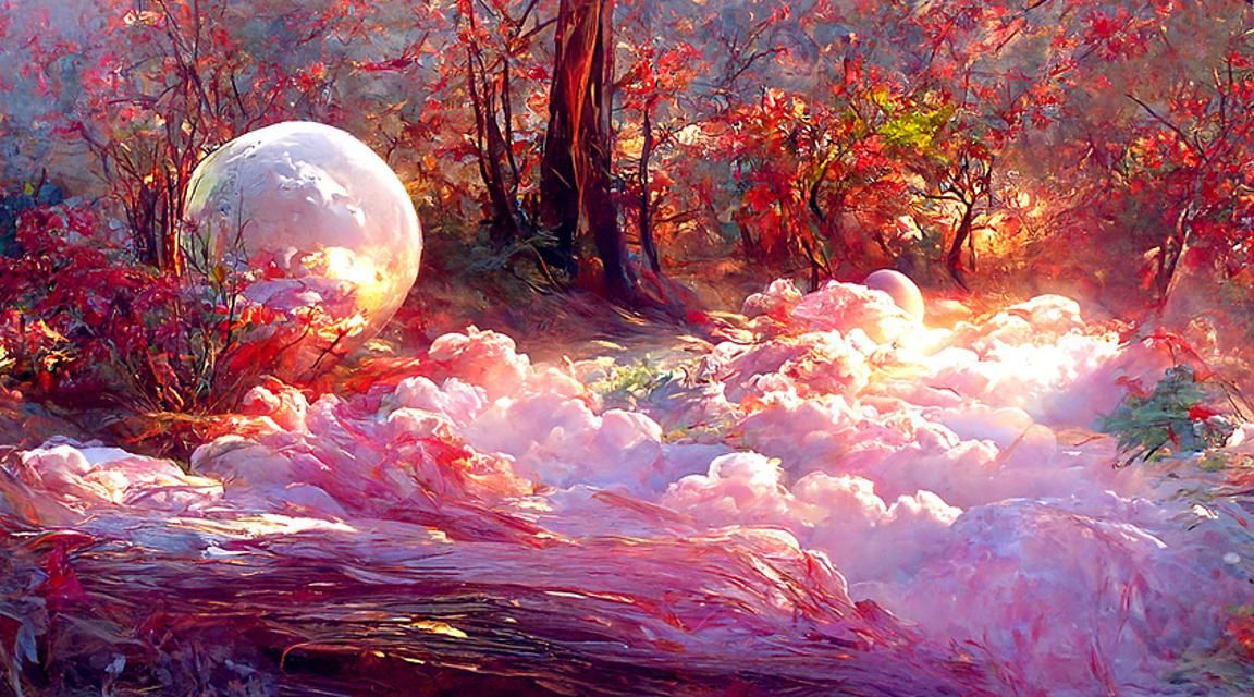 Ethereal Pink Forest Over Clouds with Glowing Moon