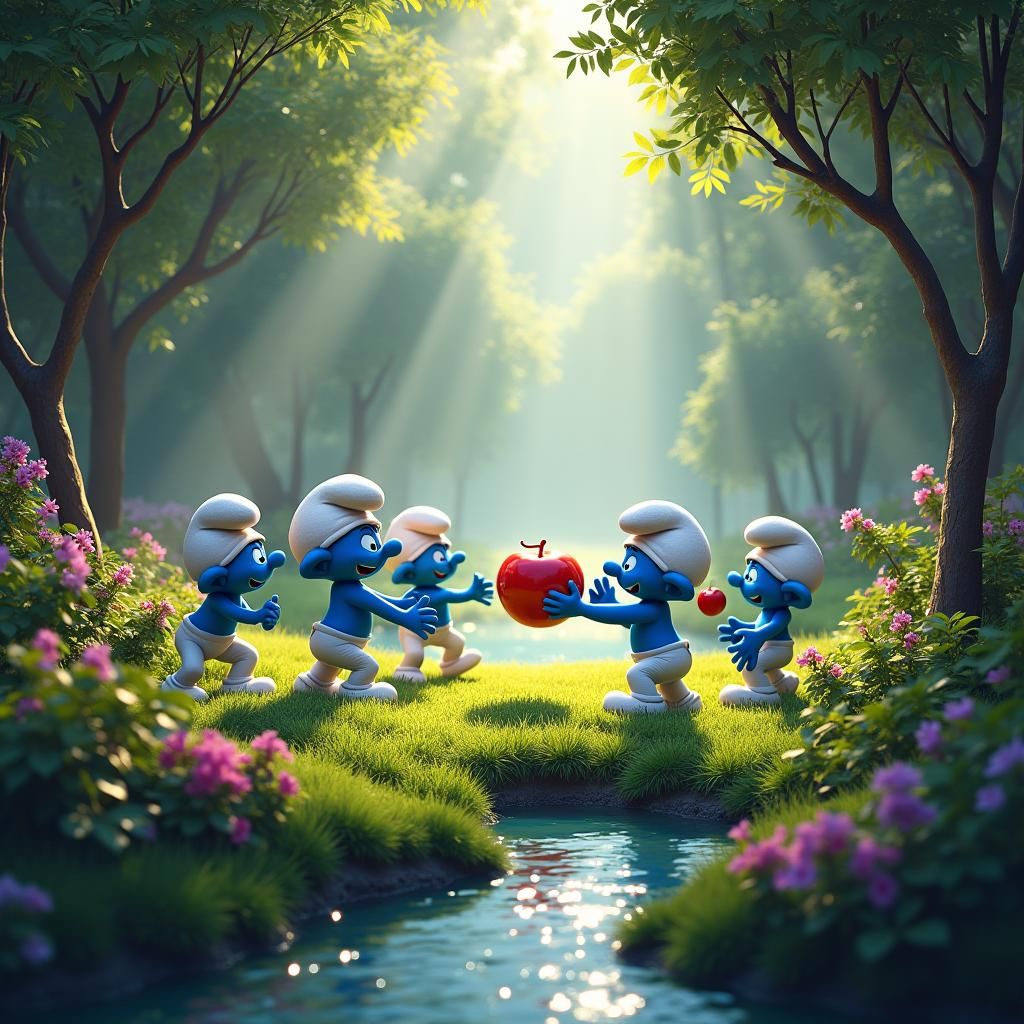 Smurfs Play Volleyball in Lush Mystical Garden