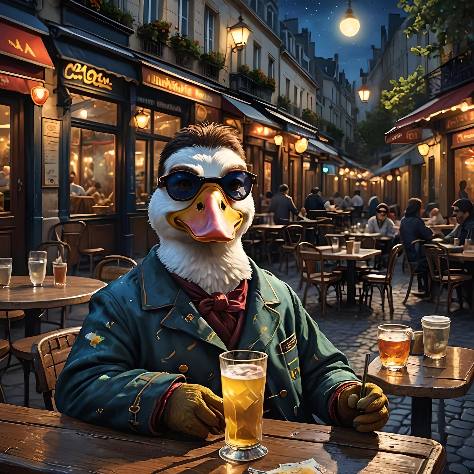 Duck in Paris Cafe: Van Gogh-Style Night Scene